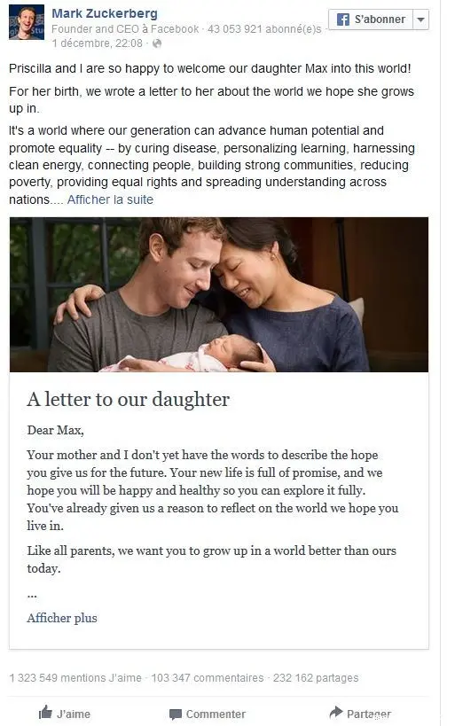 مؤسس الفيسبوك يتبرع بـ 45 مليار دولار بعد أن أصبح أباً