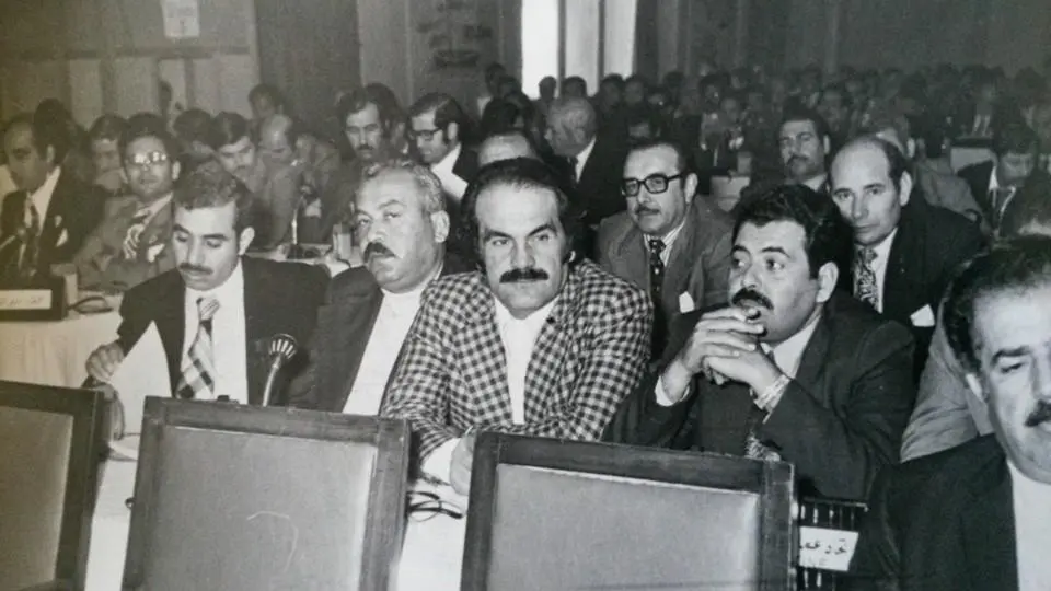 المؤتمر السادس للاتحاد الدولي لنقابات العمال العرب - الاسكندرية في 28/3/1976 الوفد الفلسطيني فتحي الراغب, صبري بدر, زيد وهبه وحيدر ابراهيم.